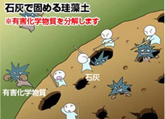 漆喰（石灰）で固めた「ケイソウくん」は有害化学物質を分解します